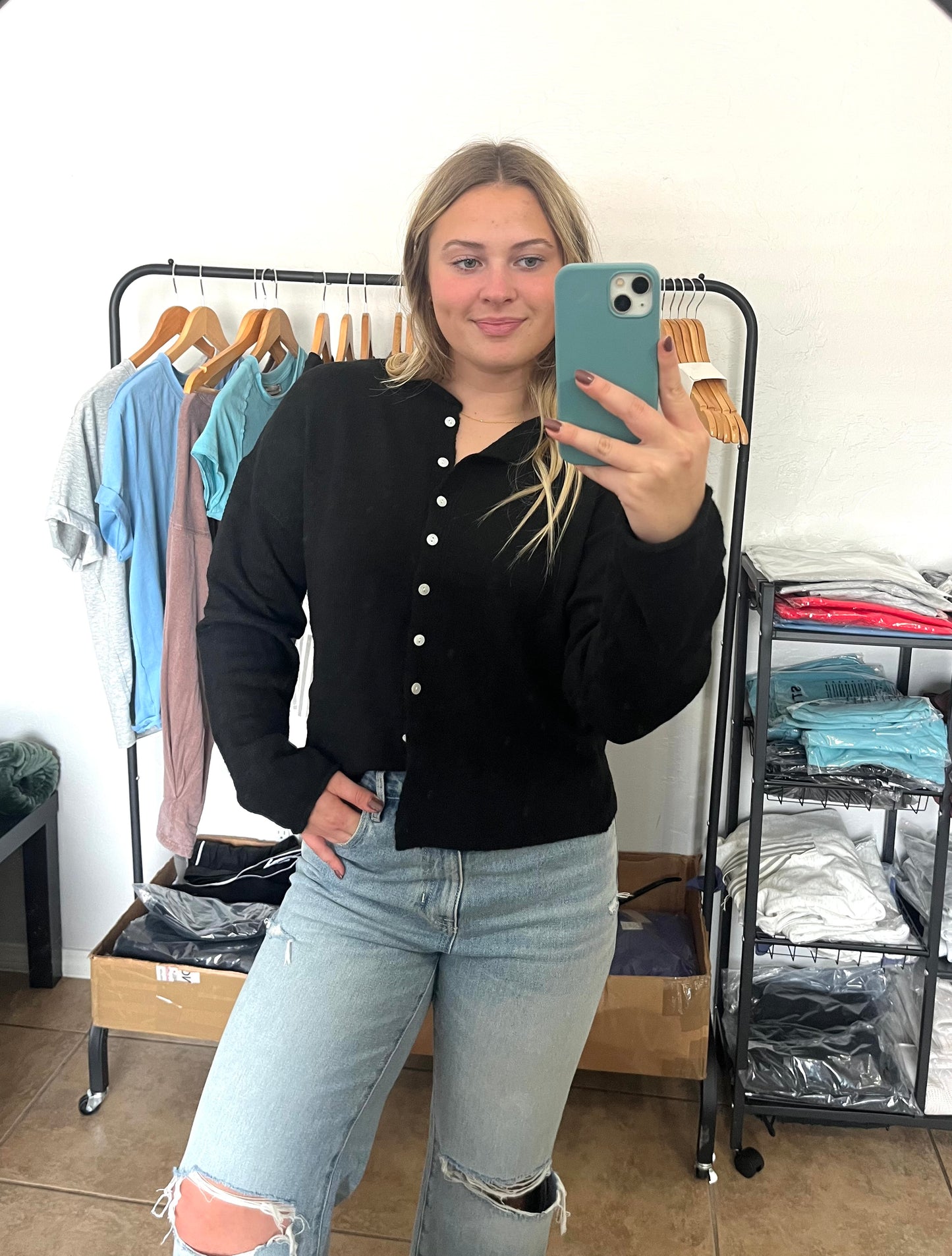 Button Down Cardigan Top - BLACK