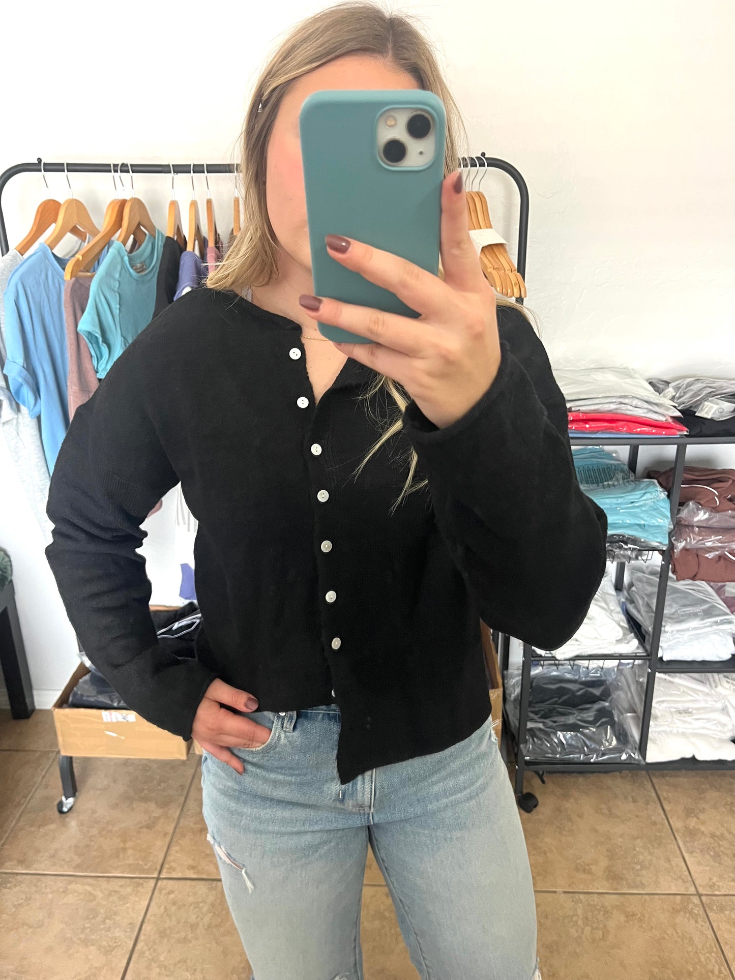 Button Down Cardigan Top - BLACK
