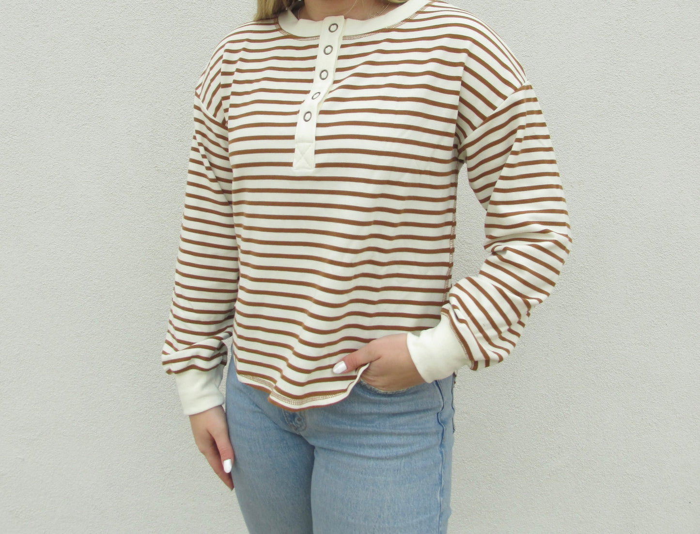 Striped Henley Long Sleeve - BROWN
