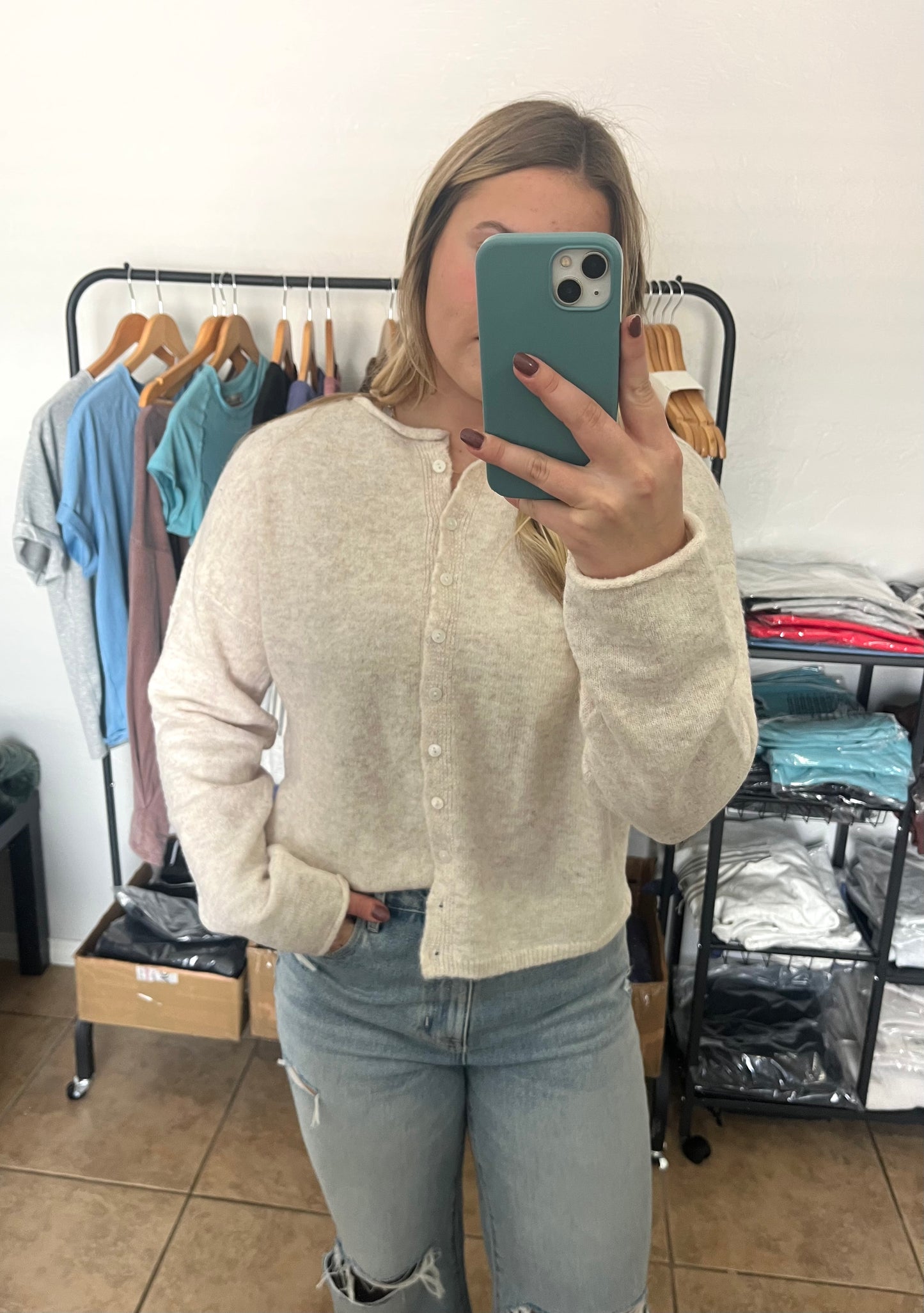 Button Down Cardigan Top - OATMEAL
