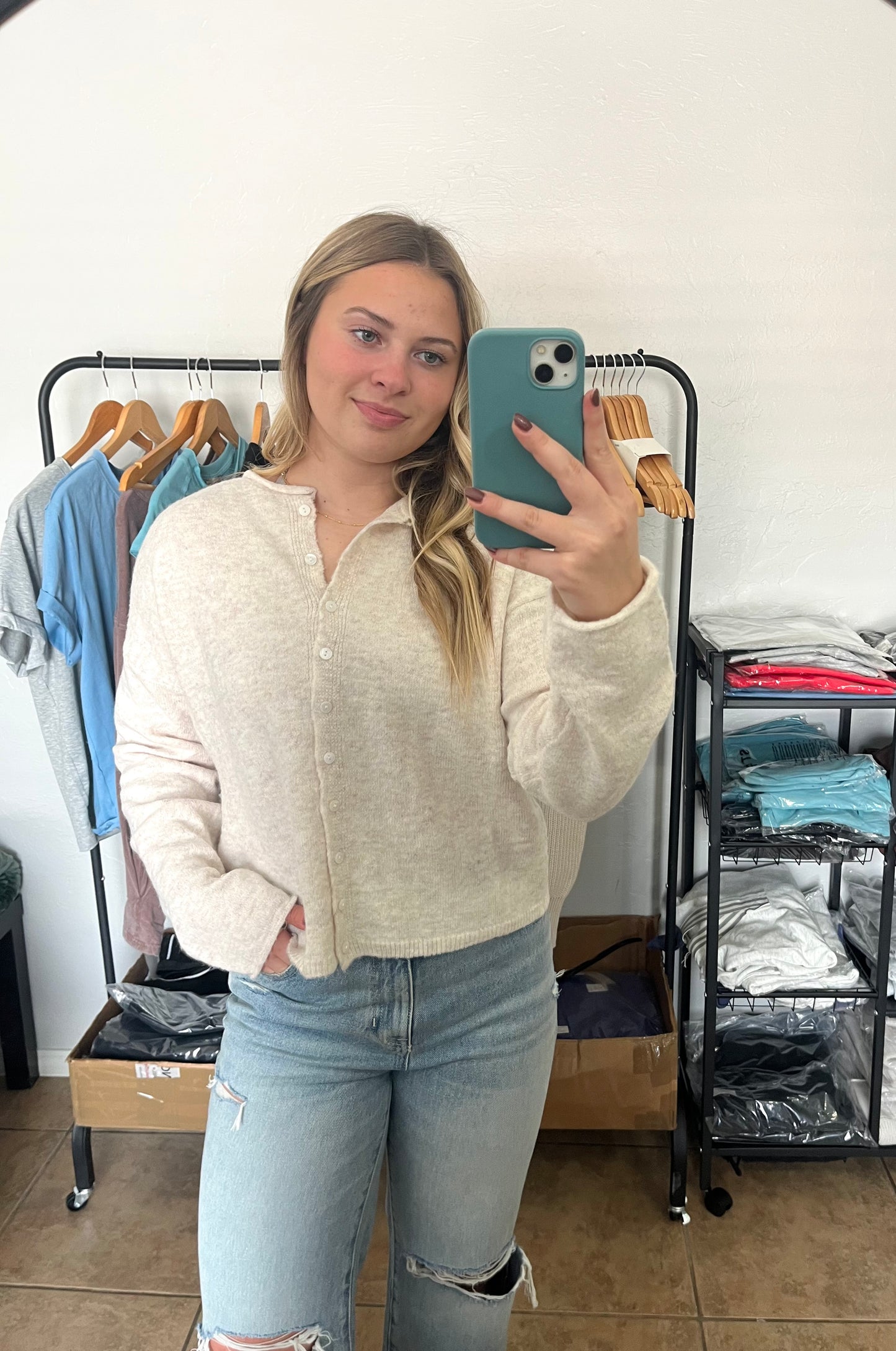 Button Down Cardigan Top - OATMEAL