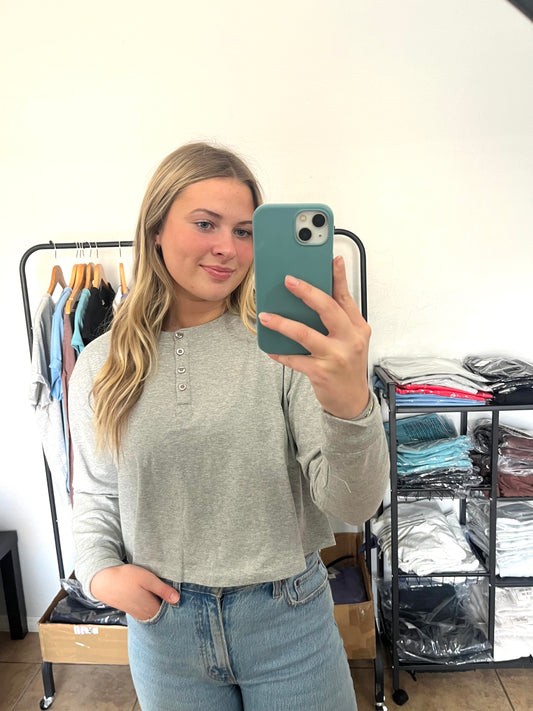 Henley Button Long Sleeve - HEATHER GREY