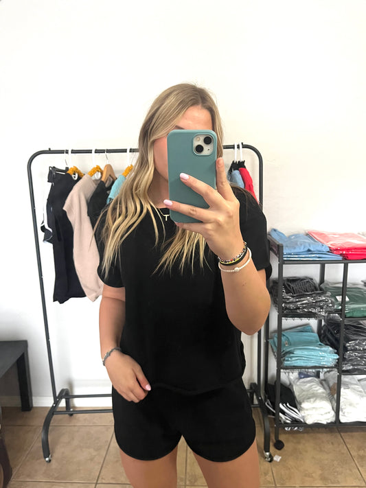 Basic Knit Shirt and Shorts Set - BLACK