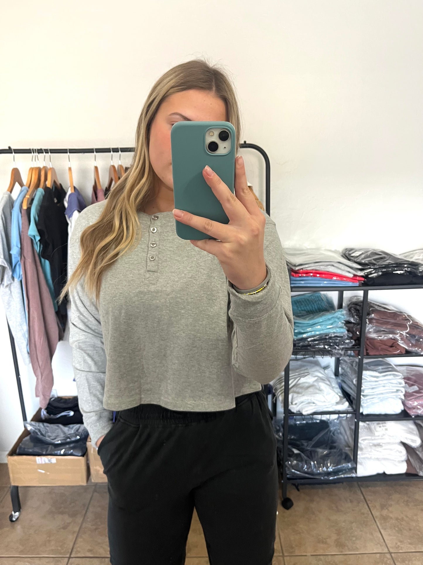Henley Button Long Sleeve - HEATHER GREY