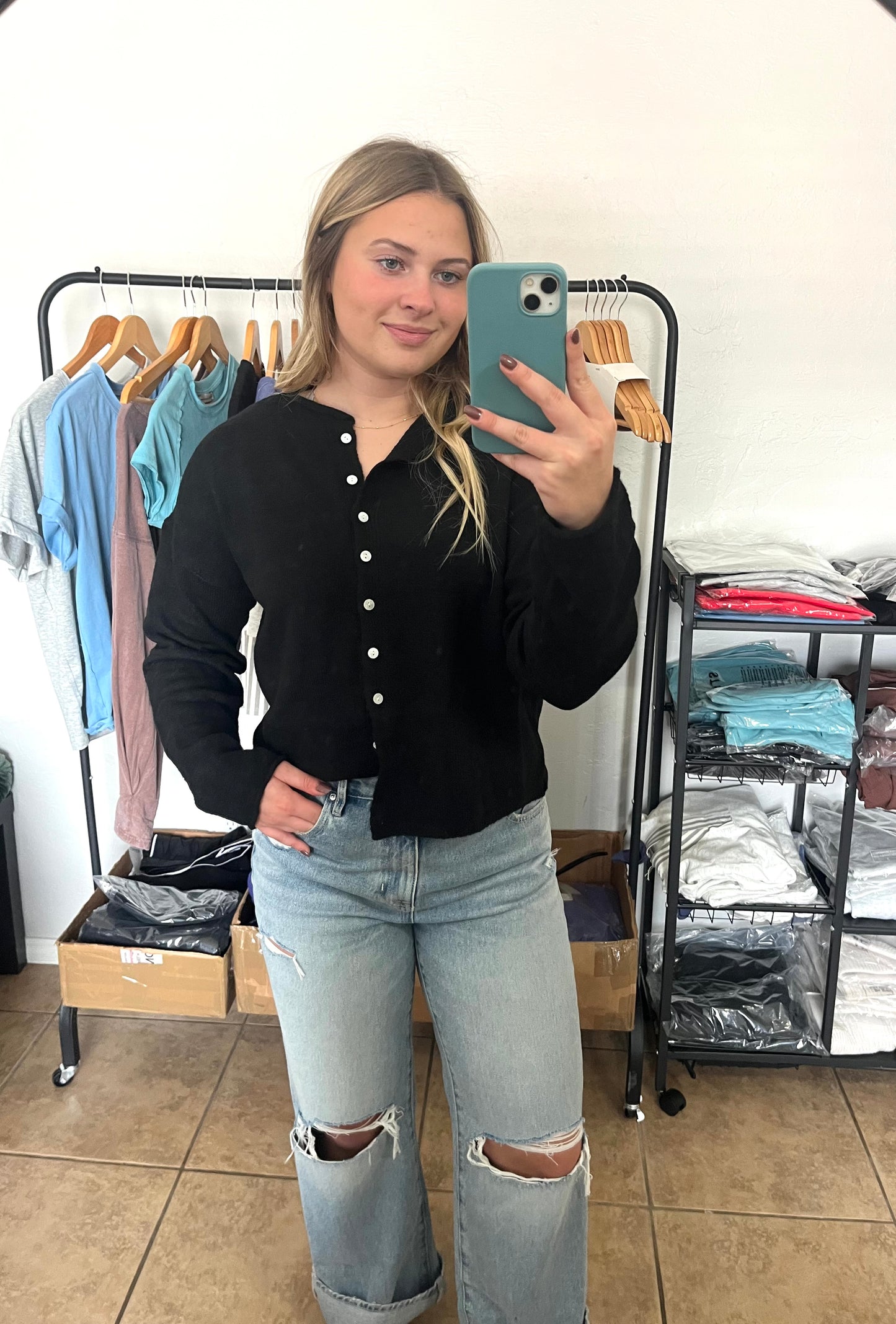 Button Down Cardigan Top - BLACK