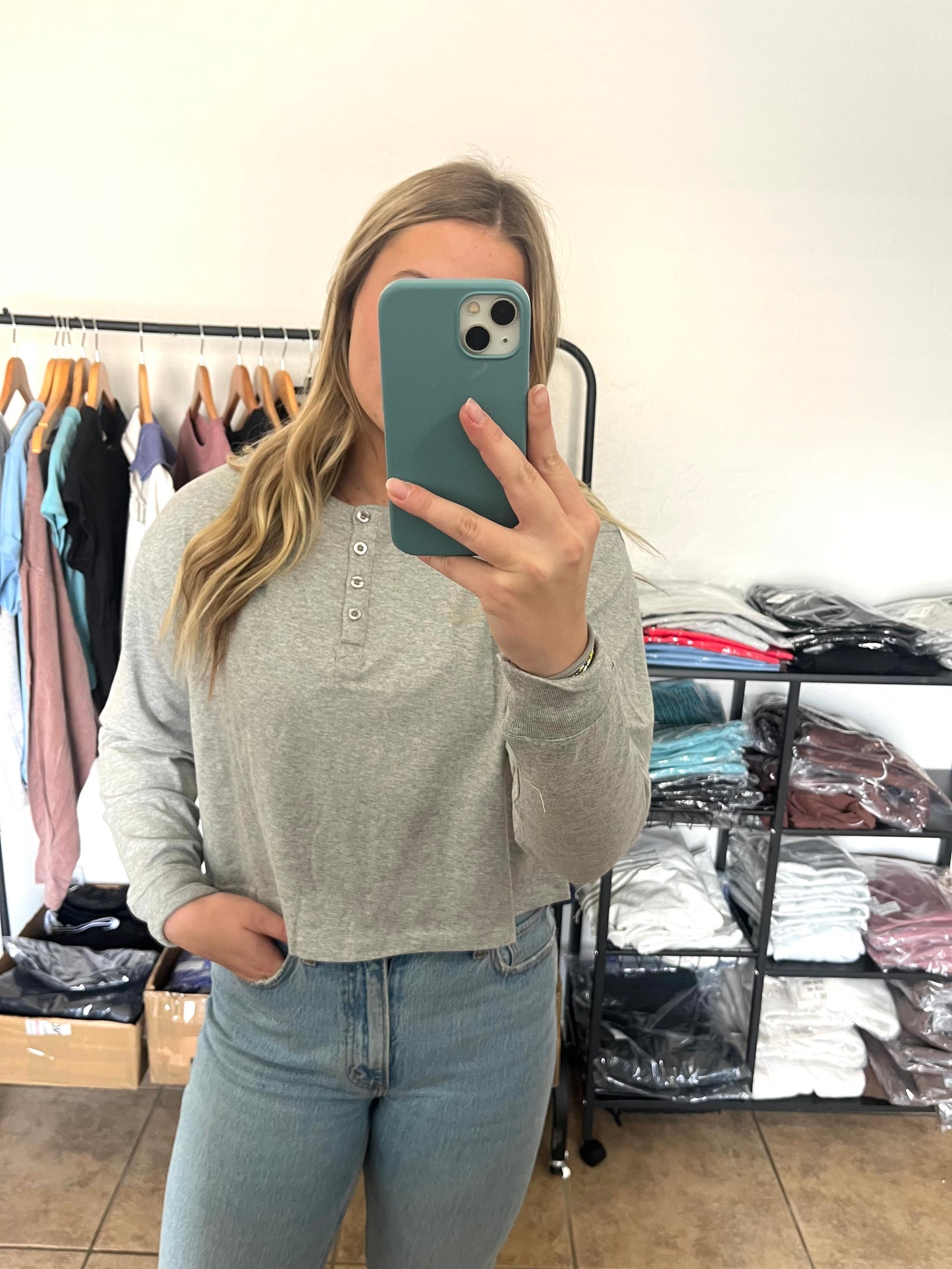 Henley Button Long Sleeve - HEATHER GREY