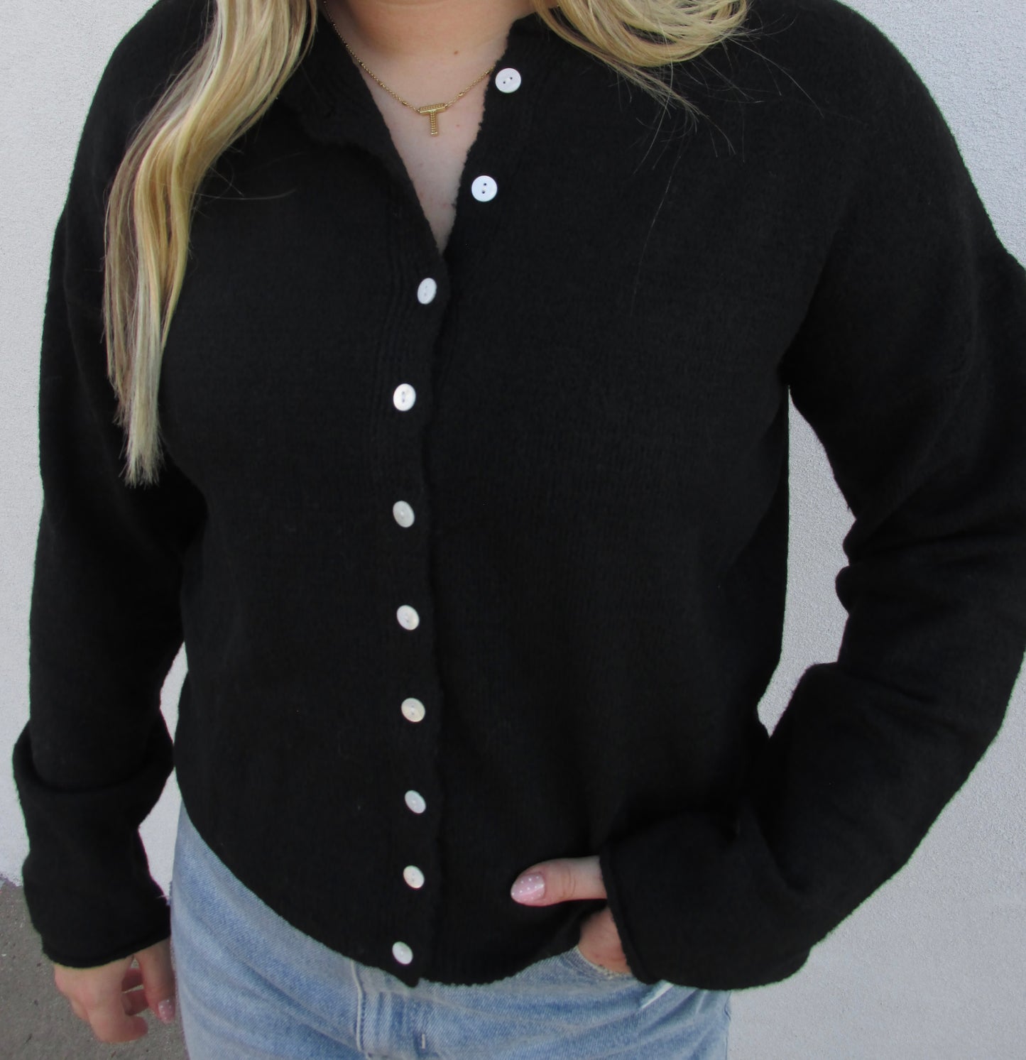 Button Down Cardigan Top - BLACK