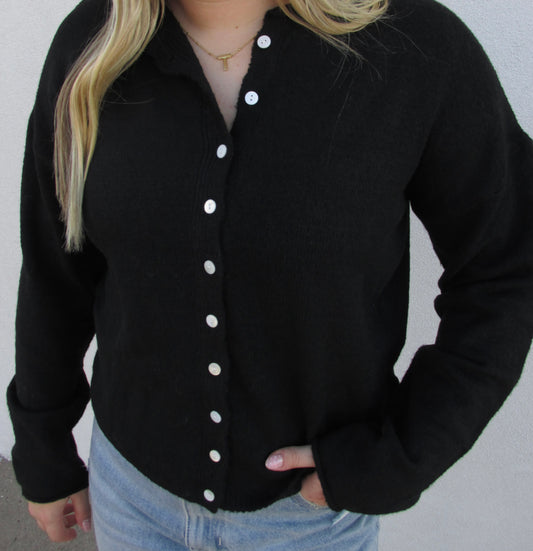 Button Down Cardigan Top - BLACK