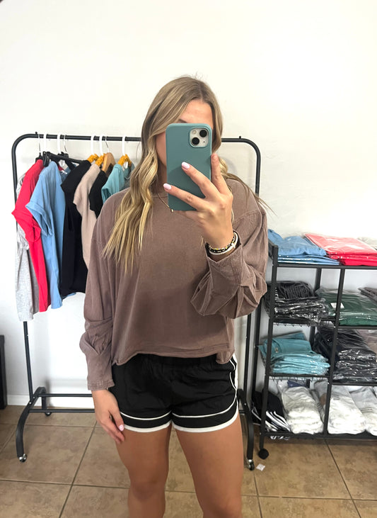 Washed Oversized Long Sleeve Top - CHESTNUT