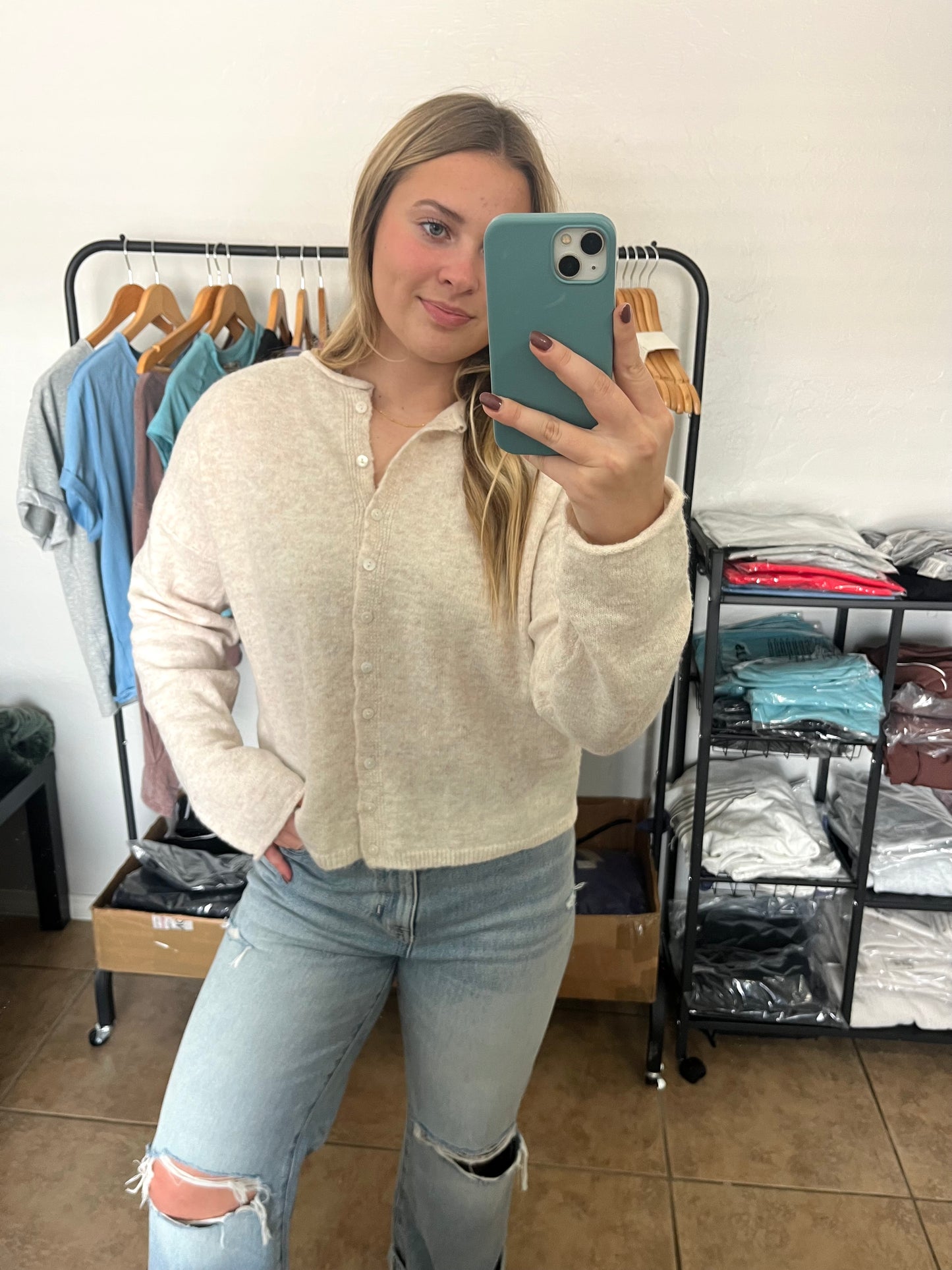 Button Down Cardigan Top - OATMEAL