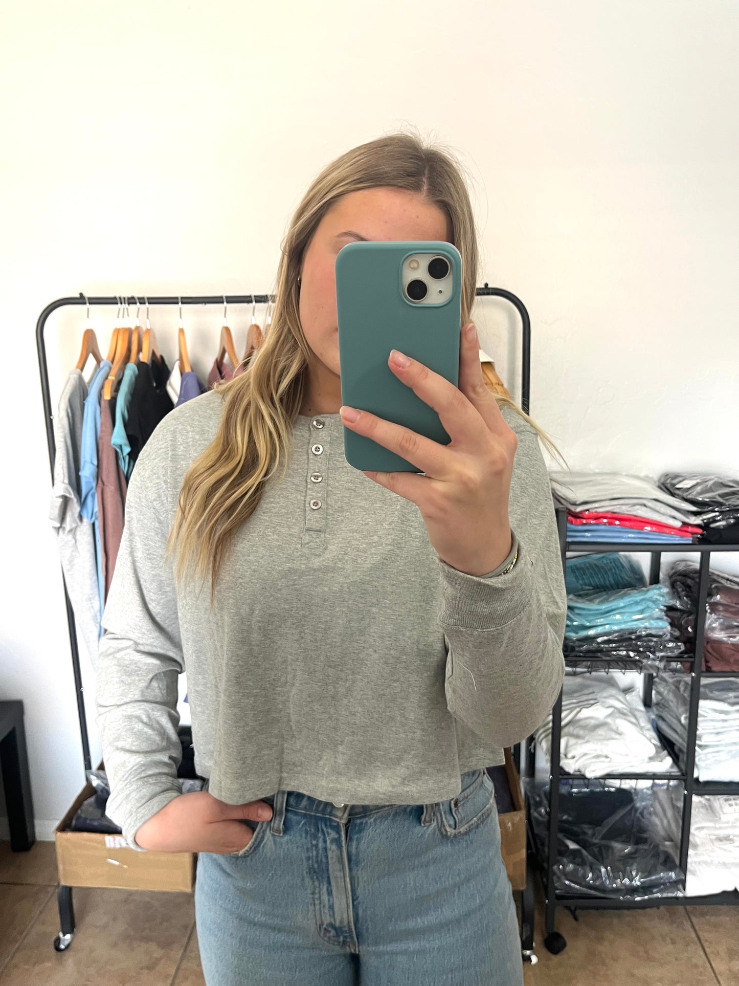 Henley Button Long Sleeve - HEATHER GREY