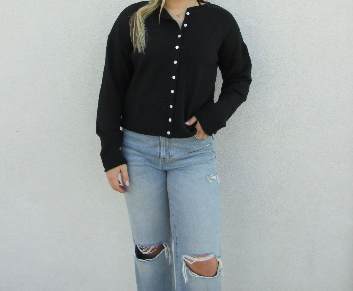 Button Down Cardigan Top - BLACK