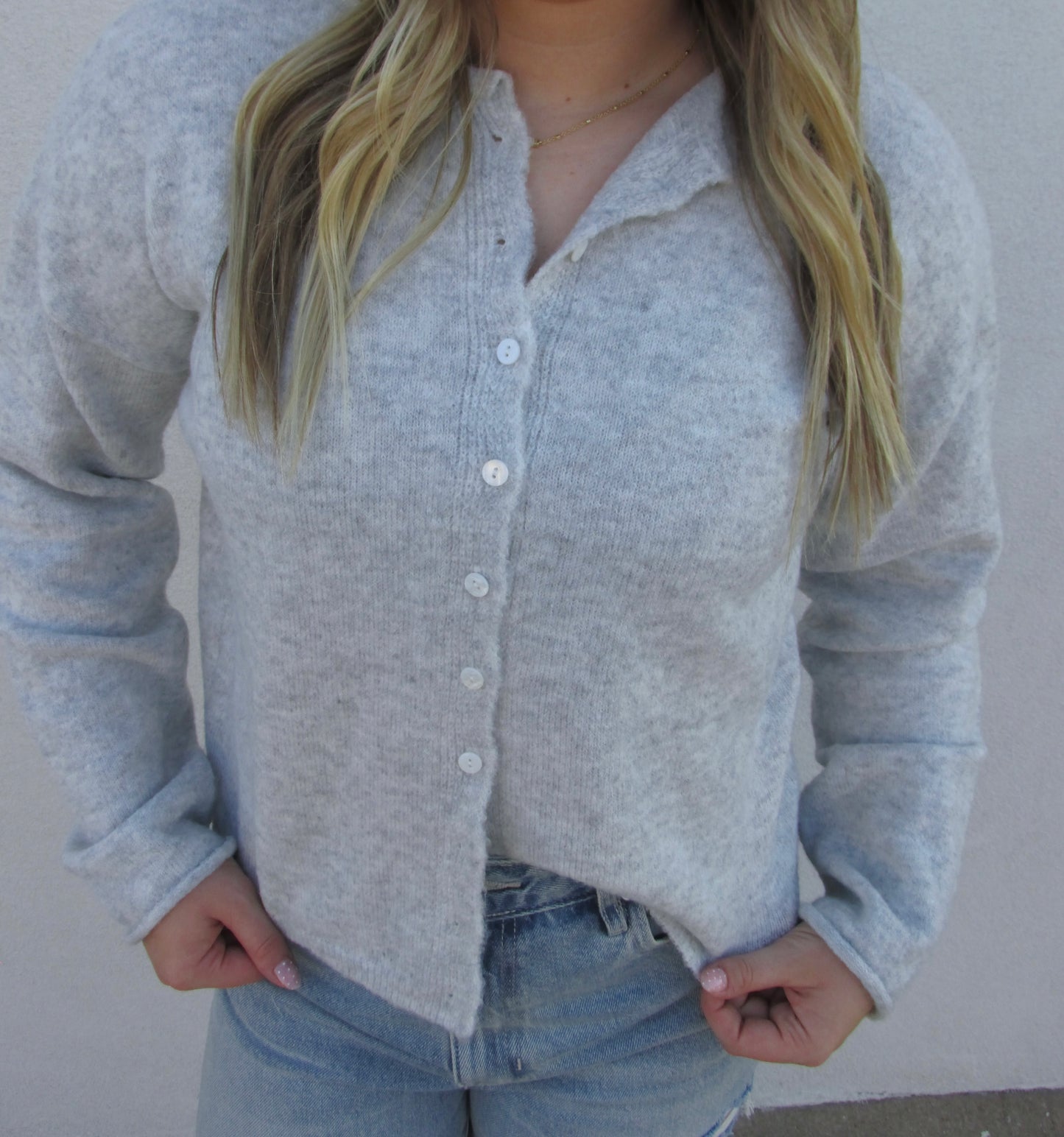 Button Down Cardigan Top - HEATHER GREY