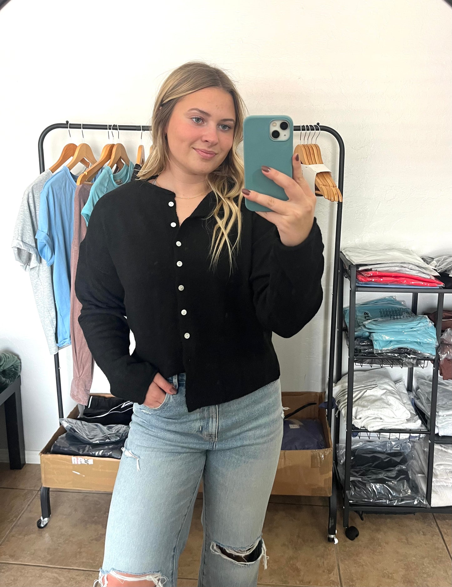 Button Down Cardigan Top - BLACK