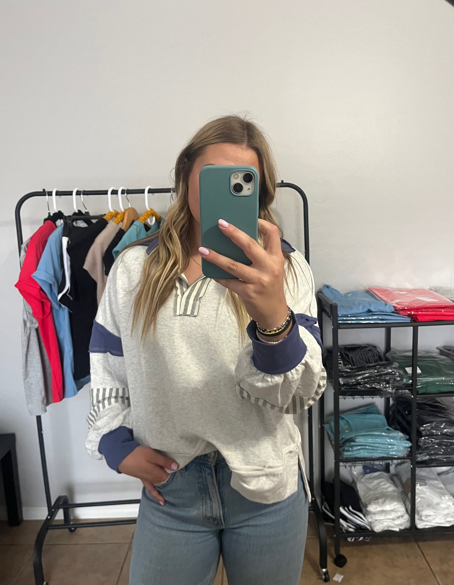 Striped Block Terry Pullover - HEATHER GREY/BLUE