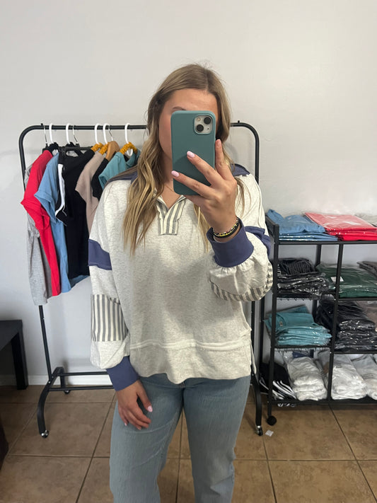 Striped Block Terry Pullover - HEATHER GREY/BLUE