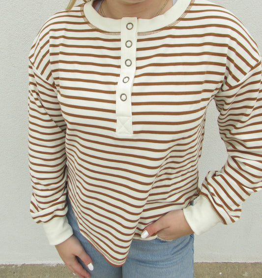 Striped Henley Long Sleeve - BROWN