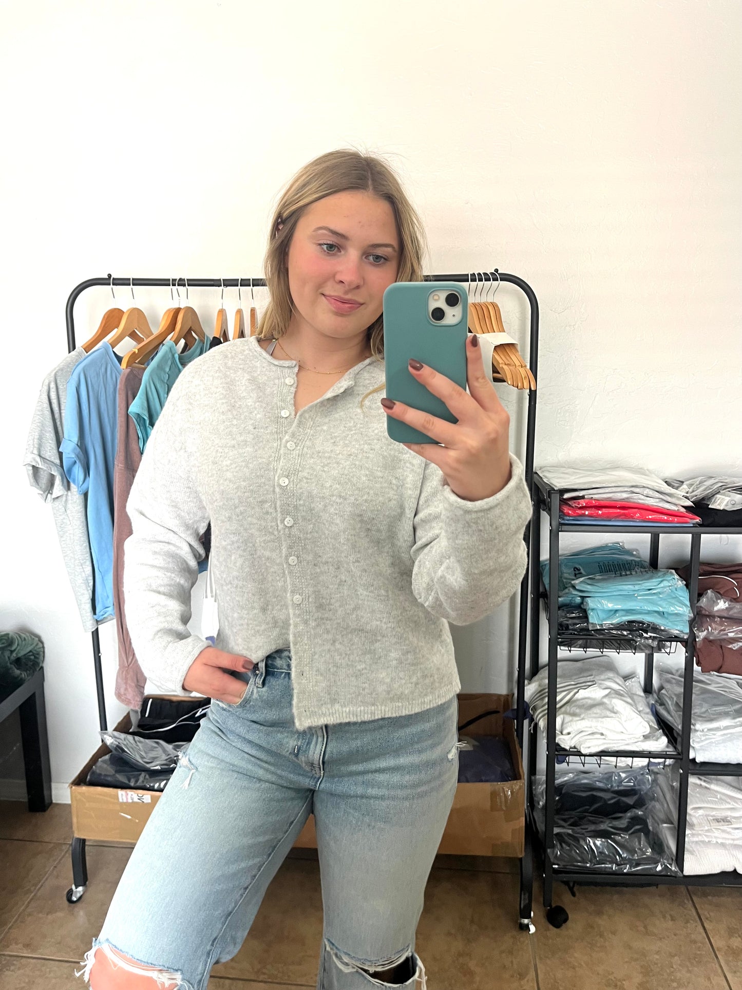 Button Down Cardigan Top - HEATHER GREY