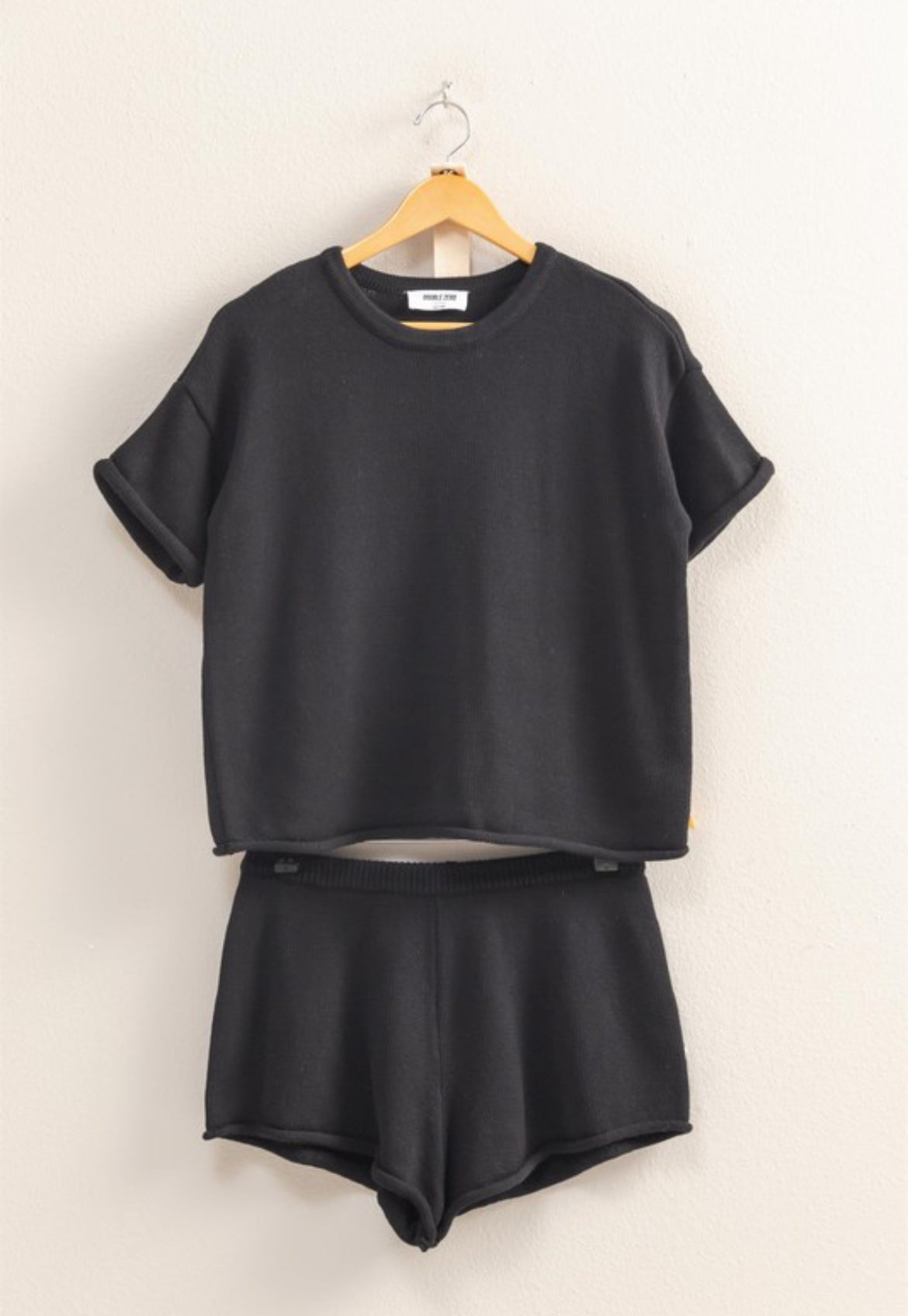 Basic Knit Shirt and Shorts Set - BLACK