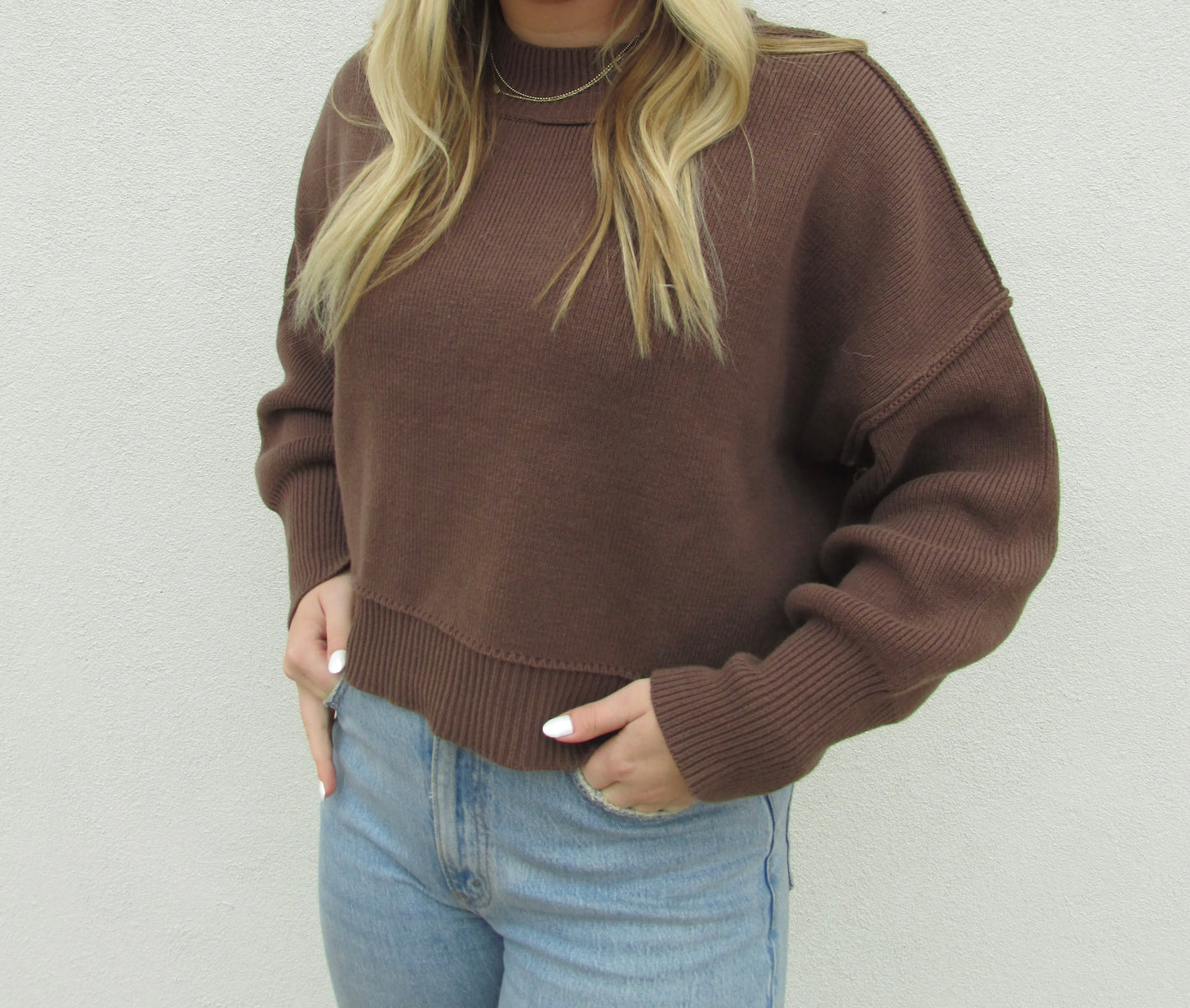 Oversized Cropped Sweater - BROWN