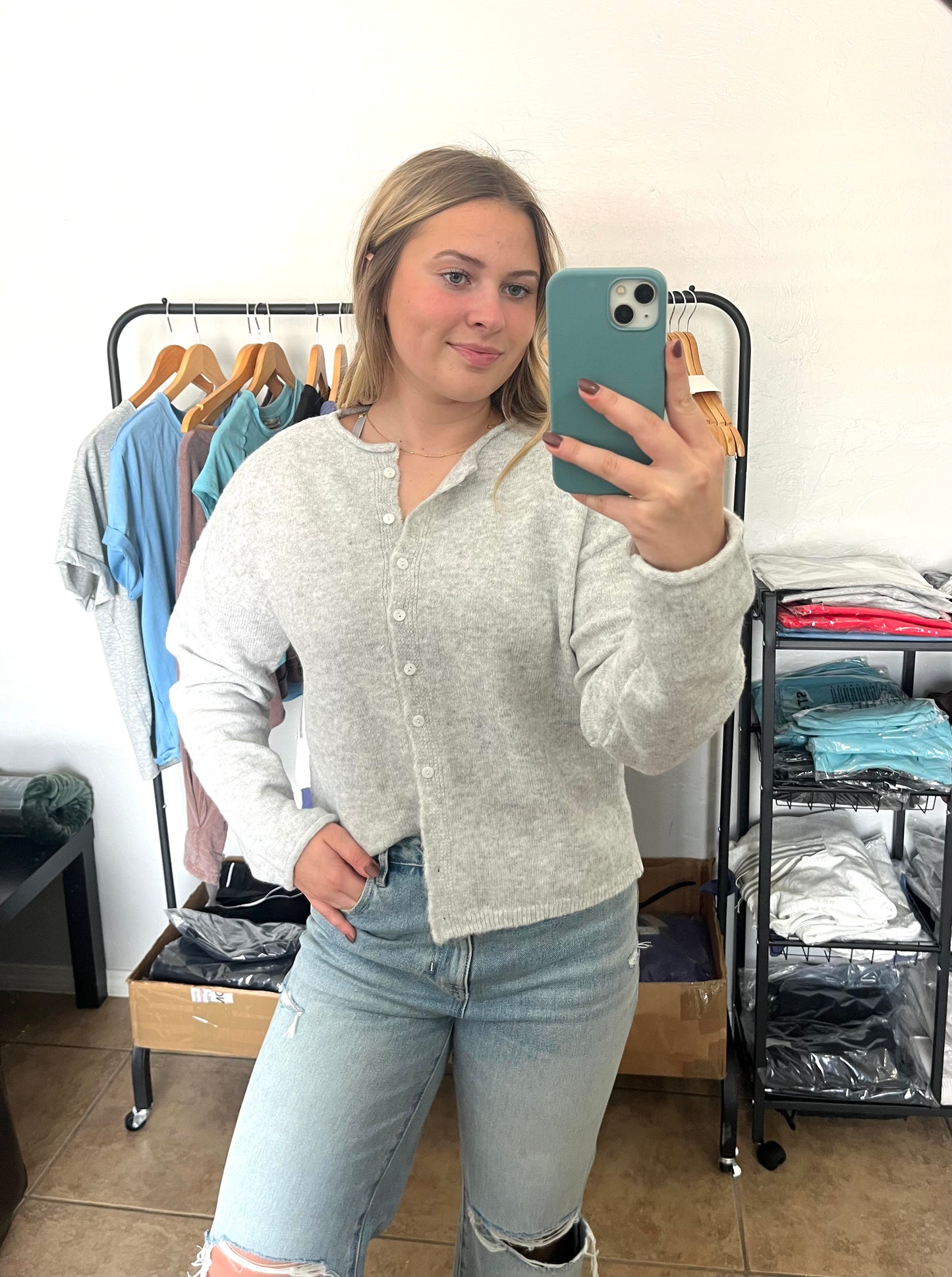 Button Down Cardigan Top - HEATHER GREY
