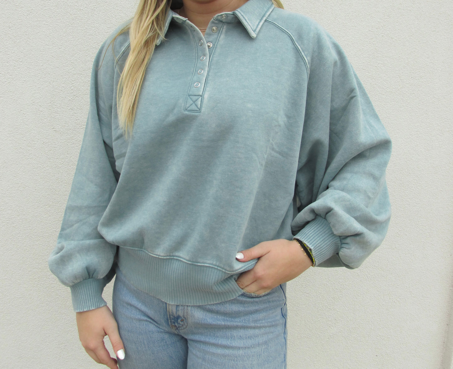 Acid Wash Button Up Pullover- ASH BLUE