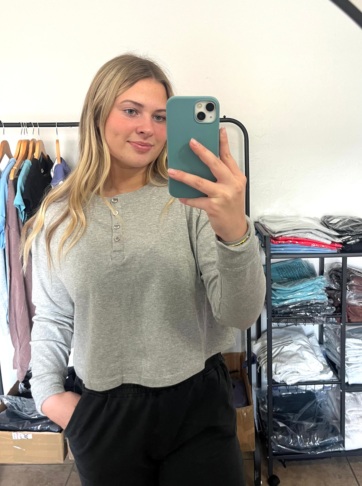 Henley Button Long Sleeve - HEATHER GREY
