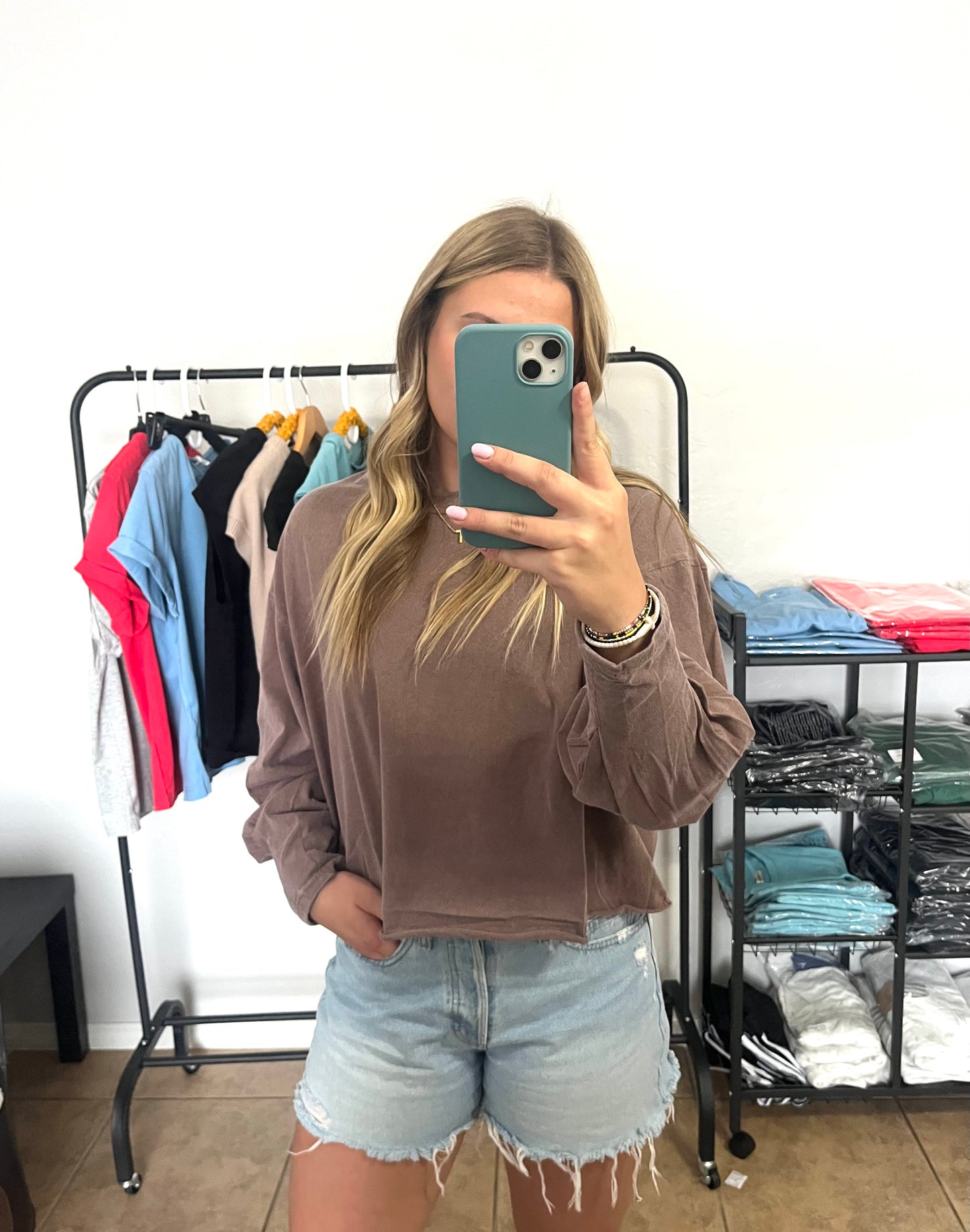 Washed Oversized Long Sleeve Top - CHESTNUT