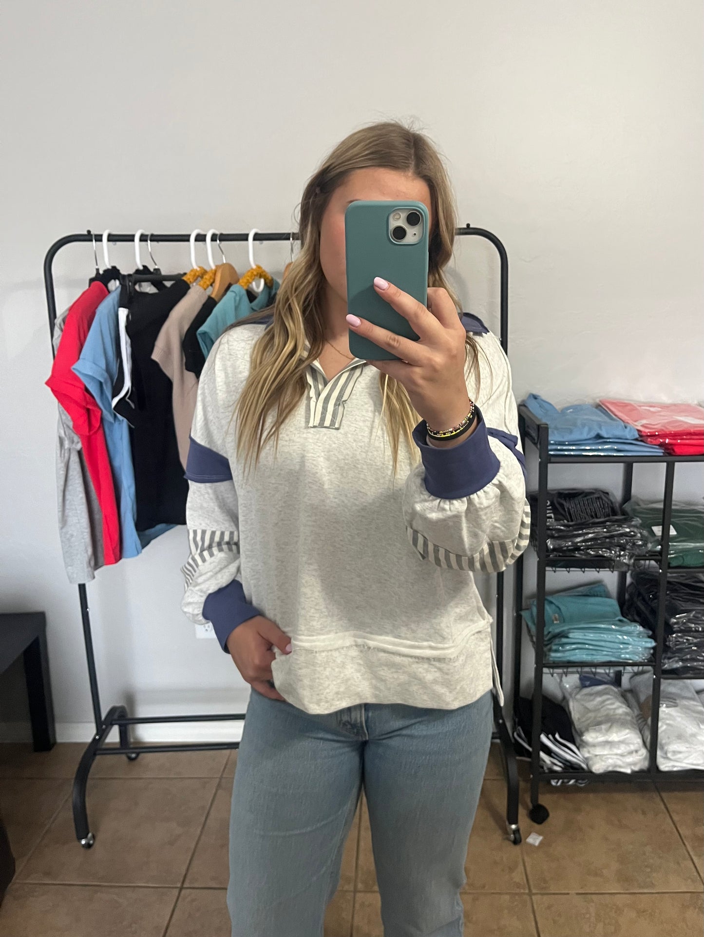 Striped Block Terry Pullover - HEATHER GREY/BLUE