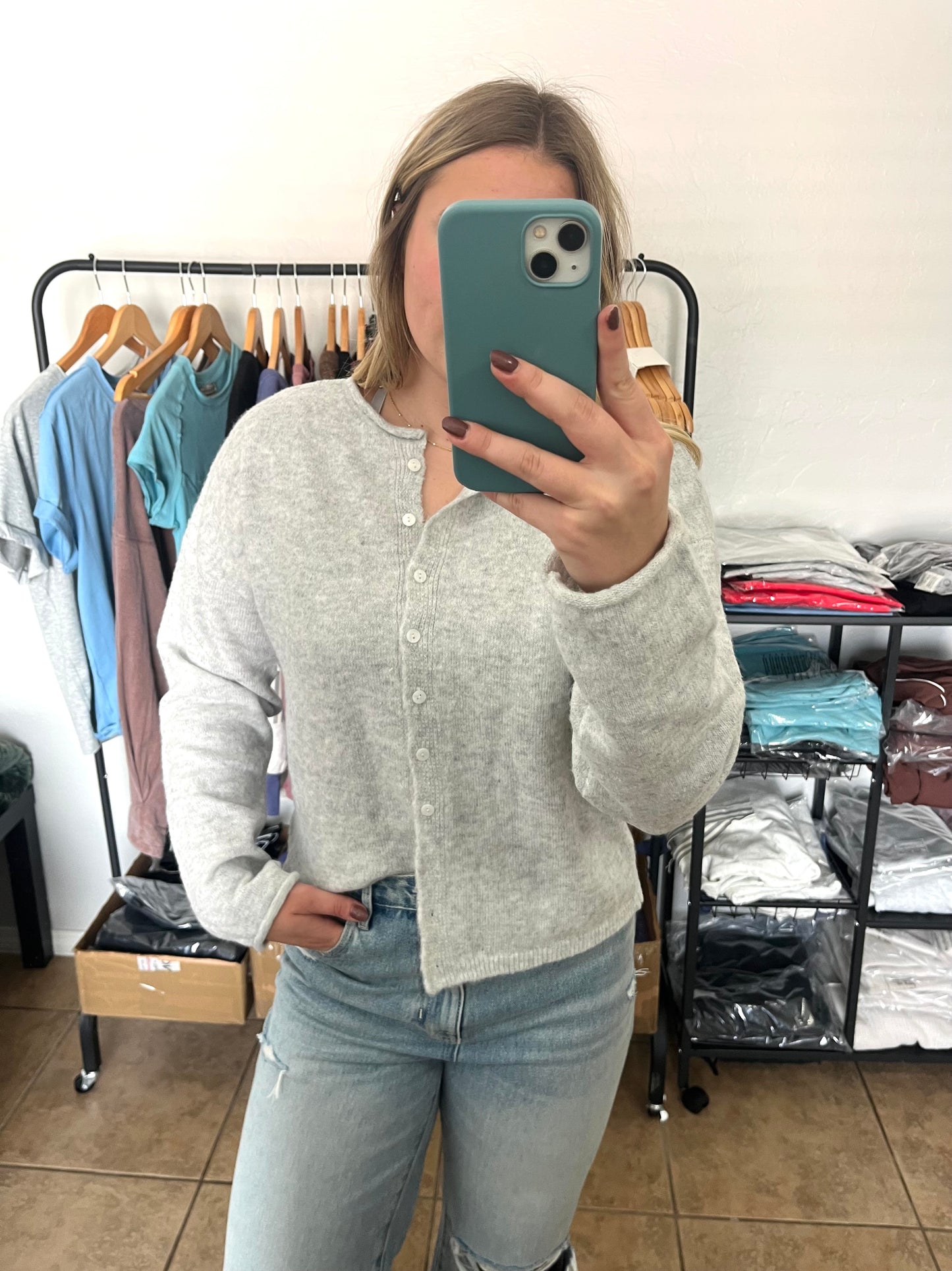 Button Down Cardigan Top - HEATHER GREY