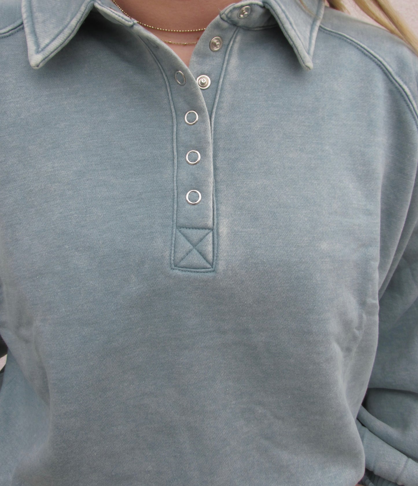 Acid Wash Button Up Pullover- ASH BLUE