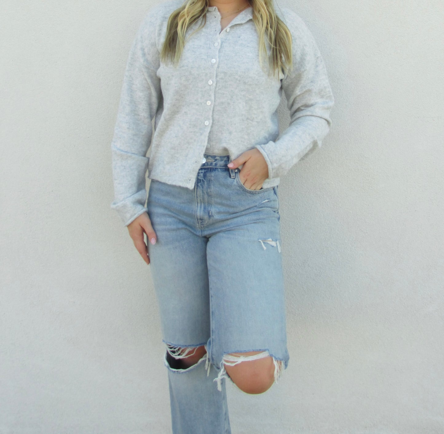 Button Down Cardigan Top - HEATHER GREY