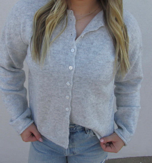 Button Down Cardigan Top - HEATHER GREY